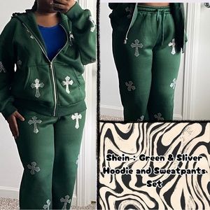 💜30% off sale💜 SHEIN | Green Hoodie & Sweatpants set with rhinestones crosses